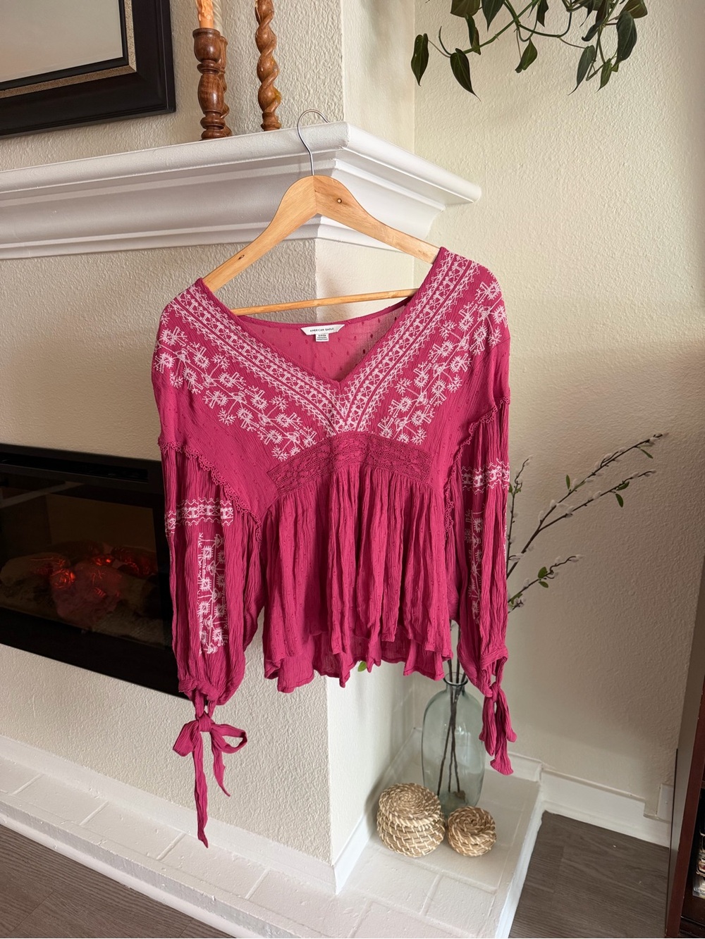 American Eagle Outfitters Raspberry Embroidered Boho Tunic Top